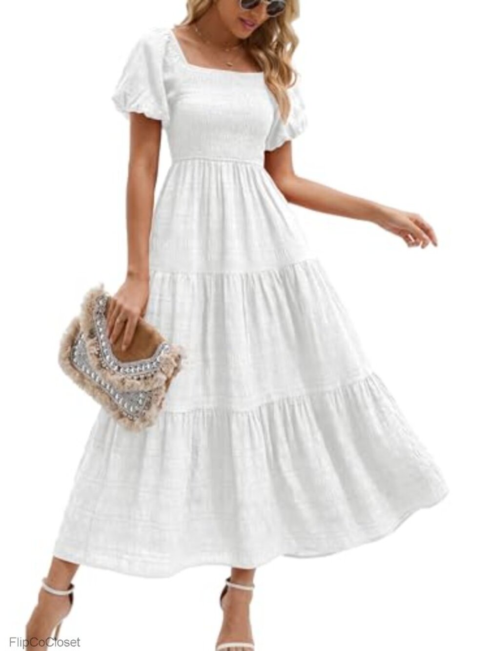PRETTYGARDEN Womens Puff Sleeve Maxi Dress A-Line Square Neck Summer